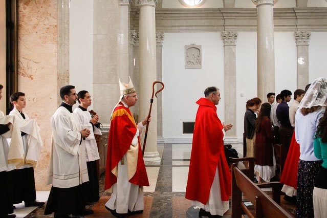 Archbishop José H. Gomez processes in to the votive Mass of St. Cecilia at Thomas Aquinas College. (PHOTO COURTESY THOMAS AQUINAS COLLEGE) 