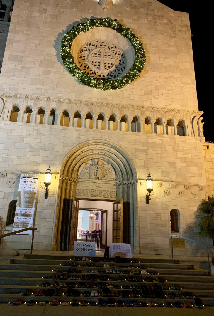 96 pairs of shoes are displayed at St. Monica Church  during a vigil against gun violence. (PHOTO COURTESY BRADY CAMPAIGN LOS ANGELES)