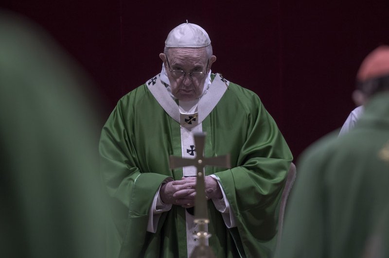 Pope Francis celebrates a Mass attended by the heads of bishops' conferences from around the world on the last day of the four-day meeting on the protection of minors in the church at the Vatican Feb. 24