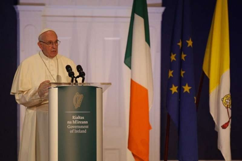 Pope Francis speaks to Irish authorities during a trip to Dublin Aug. 25. Credit: Daniel Ibanez/CNA.