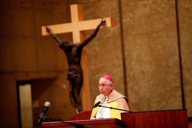 Los Angeles Archbishop Jose H. Gomez leads an interfaith prayer service for the immigrant community Nov. 10, 2019 at the Cathedral of Our Lady of the Angels in Los Angeles. The service was organized as a sign of unity and solidarity amid uncertainty after President-elect Donald Trump's victory Nov. 8. (CNS/Patrick T. Fallon