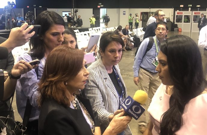 Brenda Berenice Noriega talks to reporters after a press conference. (Courtesy Crux)