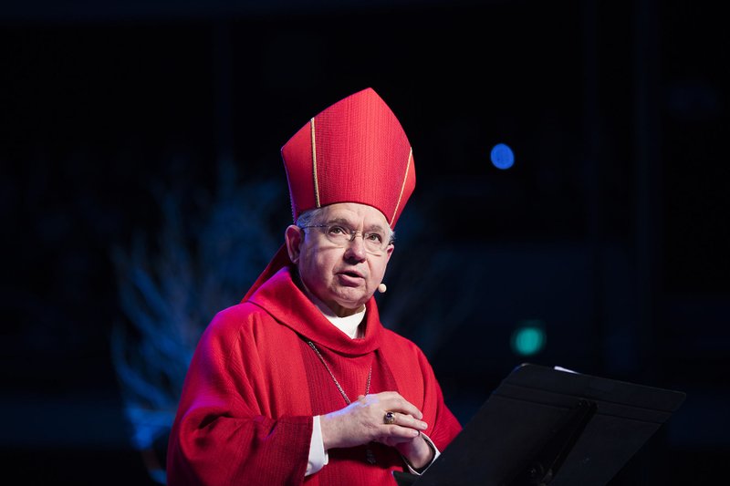 Los Angeles Archbishop José H. Gomez delivers a homily before thousands of young Catholics during a youth day celebration Feb. 23