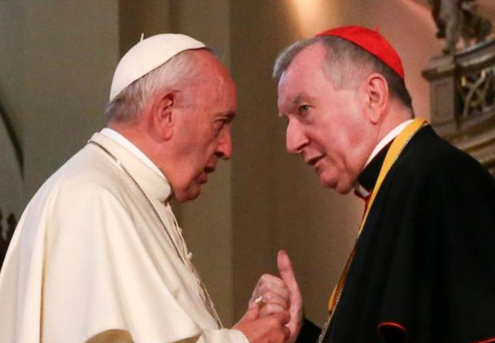 Pope Francis talks with Cardinal Pietro Parolin