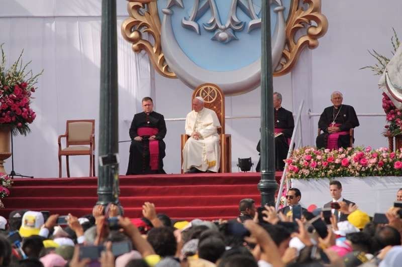 Pope Francis leads prayer at a Marian celebration in Trujillo