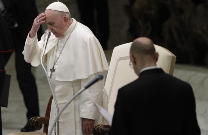 Pope Francis arrives in the Paul VI hall on the occasion of his weekly general audience at the Vatican