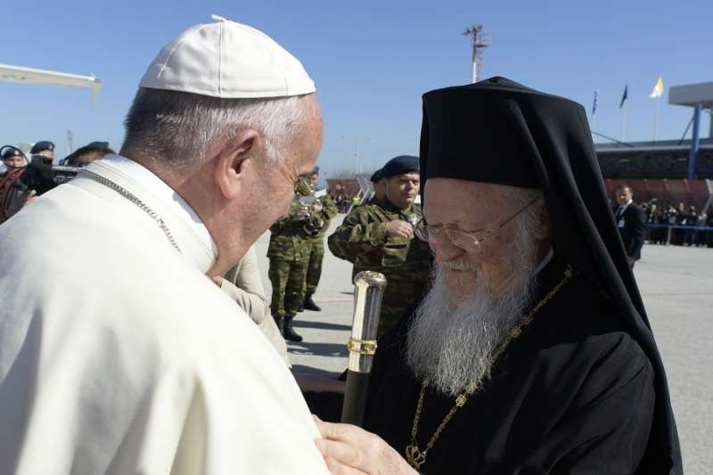 Pope Francis with Ecumenical Patriarch Bartholomew I in Greece in April 2016. The two will meet again in Bari