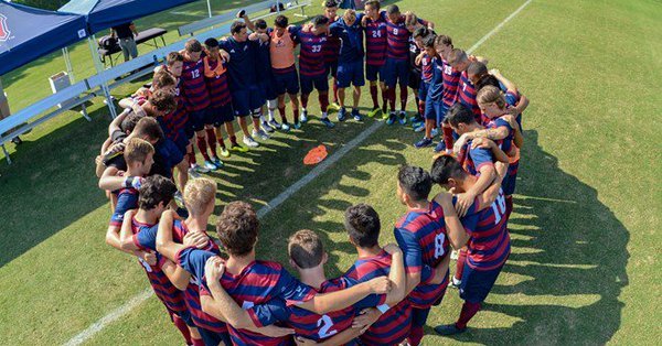 LMU’s soccer team huddles together during the game against Gonzaga