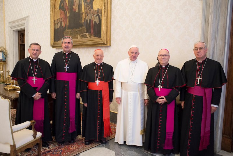 Pope Francis poses for a photo with representatives of the Chilean bishops' conference at the Vatican Jan. 14. The pope and the leadership of the conference met to talk about the sex abuse crisis affecting the church in Chile. Pictured from left are Archbishop Rene Osvaldo Rebelledo Salinas of La Serena