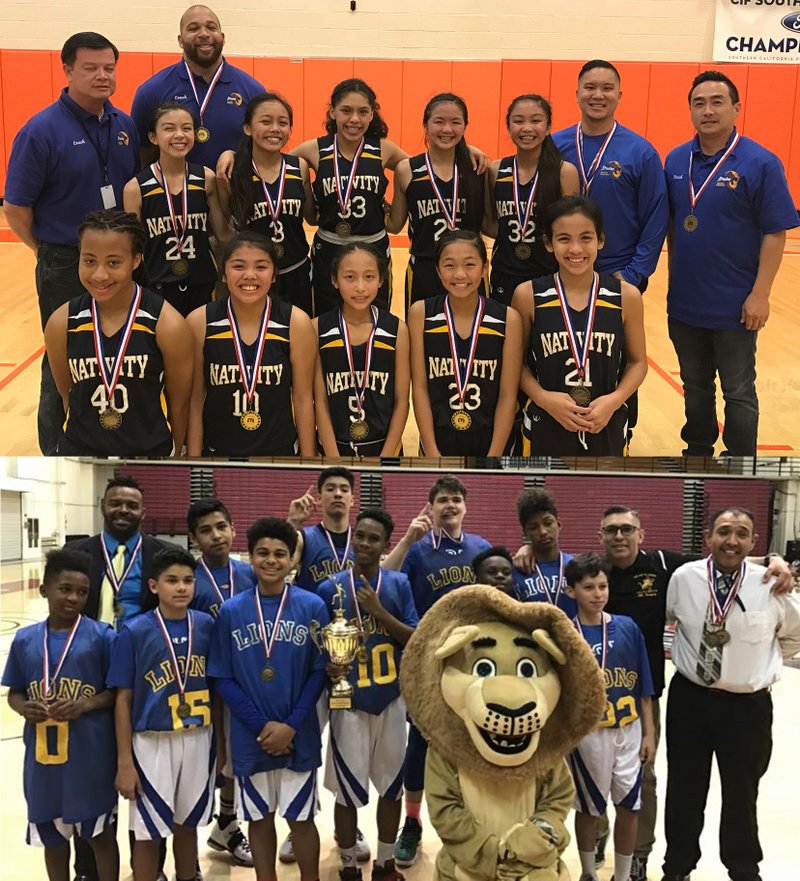The girls’ basketball team at Nativity School (top) in Los Angeles won the CYO Basketball Championship last month. Last month the boys’ basketball team at Our Lady of Lourdes School in Boyle Heights (bottom) won the CYO Basketball Championship.