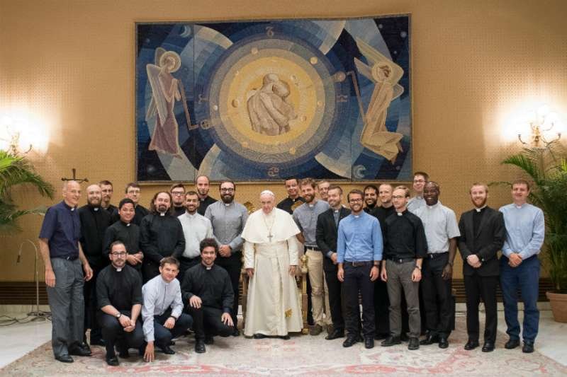 Pope Francis meets with participants in the 'European Jesuits in Formation' encounter in the anteroom of the Vatican's Paul VI Hall