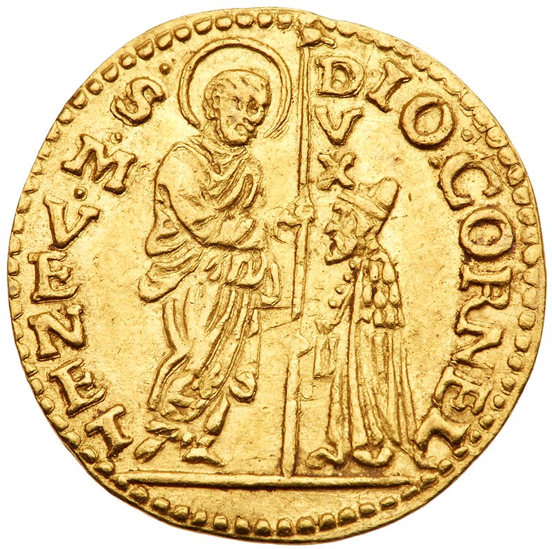 One side of this historic gold coin made between 1625 and 1629 depicts Venetian doge Giovanni I. Corner kneeling while being blessed by Mark