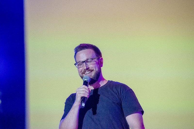 Joel Stepanek speaks at Night of Mercy event for English-speaking pilgrims during World Youth Day held in the Tauron Arena on July 27