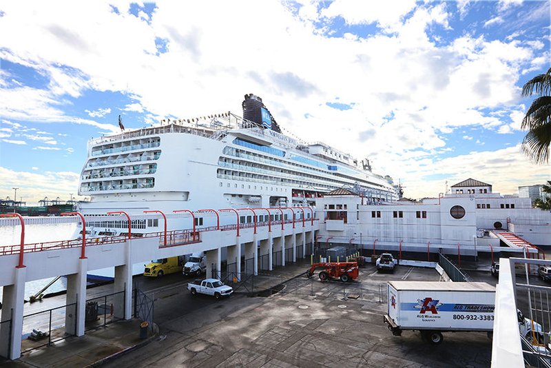 A cruise ship at Port of Los Angeles is seen Dec. 30 just outside the Stella Maris Chapel and Hospitality Center in Los Angeles. The center hosts crew members from cruise ships