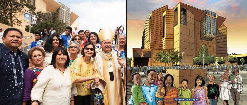 (RIGHT) Celebration of Cultures Mass at the Cathedral of Our Lady of the Angels in 2017. (VICTOR ALEMÁN) (LEFT) ILLUSTRATION BY JEAN-MARIE CUZIN. 