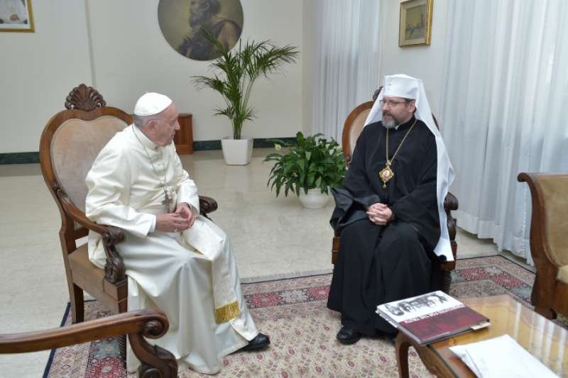 Pope Francis meets with Major Archbishop Sviatoslav Shevchuk of Kyiv-Halyƒç at the Vatican's Santa Marta guesthouse
