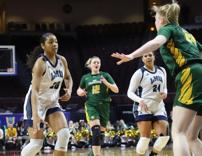 LMU’s Jasmine Jones drives against San Francisco during the Lions’ 66-45 win March 8 in the WCC Tournament. Jones scored 15 points and grabbed 14 rebounds. (LMU ATHLETICS)