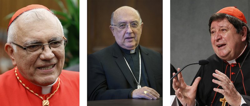 Pope Francis named three delegate presidents for the Oct. 6-27 Synod of Bishops for the Amazon. Pictured in a combination photo: Cardinals Baltazar Porras Cardozo