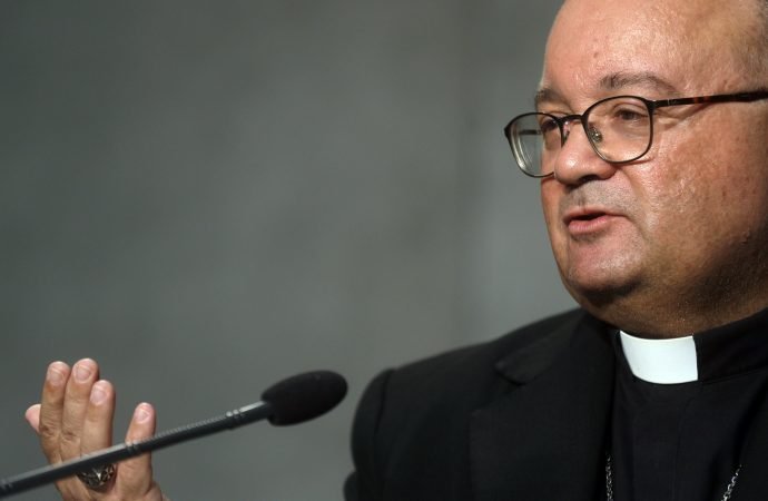 Archbishop Charles Scicluna speaks during a press conference to brief the media on the Synod of bishops