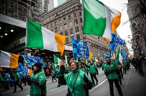 Revelers march in the annual St. Patrick's Day Parade along Fifth Ave in Manhattan on March 17
