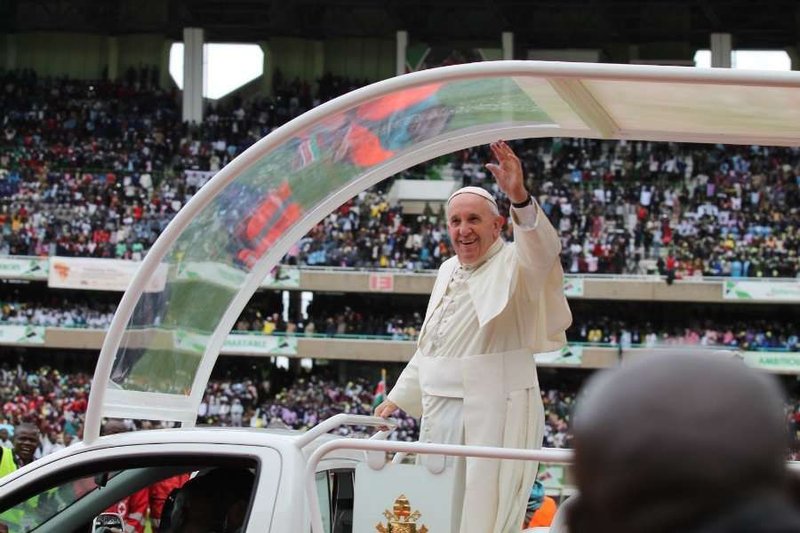 Pope Francis arrives to meet with youth at Kasarani stadium in Kenya on Nov. 27