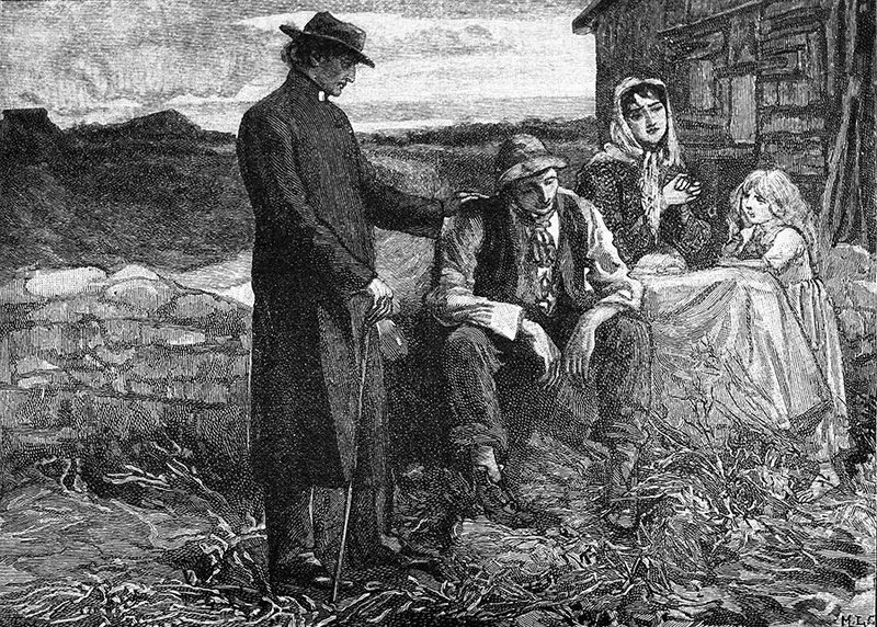 Father Theobald Mathew comforting a starving family. (Image credit: World History Archive/Alamy Stock Photo)