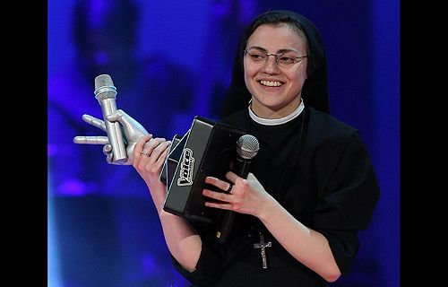 Singing nun Sr. Cristina Scuccia holds her trophy after winning 'The Voice of Italy' in Milan on June 5