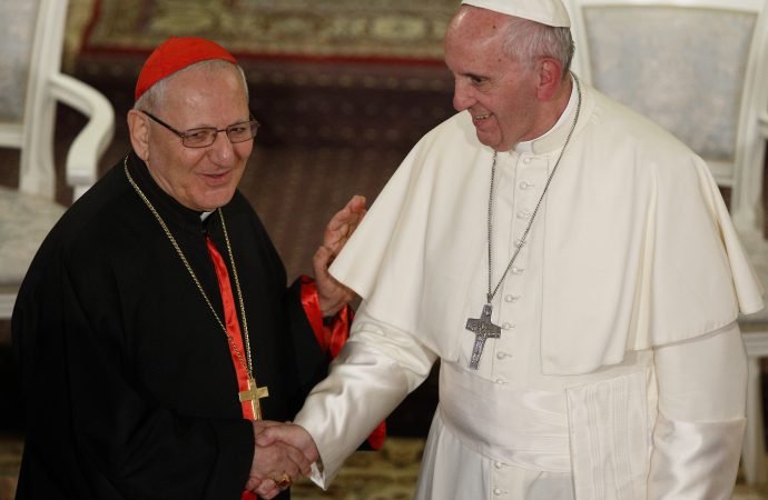 Pope Francis greets Chaldean Catholic Patriarch Louis Sako of Baghdad