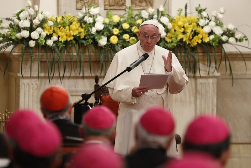 Pope Francis addresses the executive committee of the Latin American bishops' council (CELAM) at the apostolic nunciature in Bogota
