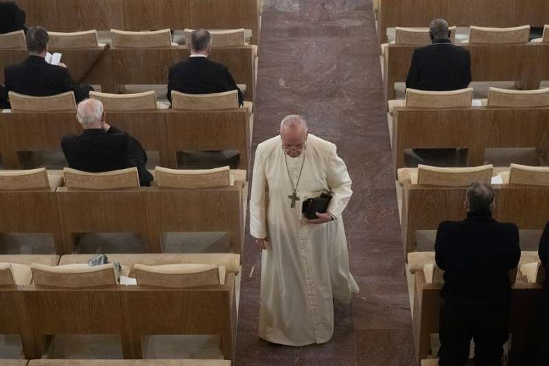 Pope Francis on the Roman Curia's Lenten spiritual exercises. Credit: Vatican Media.