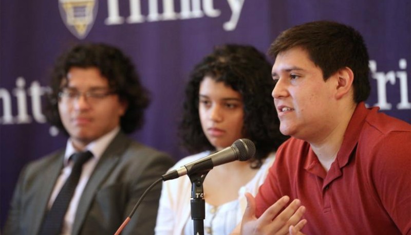 Mizraim Guerrero, a student at Georgetown University in Washington, speaks during a panel discussion Sept. 24, 2019, at Trinity University in Washington titled Undocumented and Unafraid: Student Activism in the Era of Deportation. Also pictured are Jose Gutierrez, a student at The Catholic University of America in Washington, and Daniela Zelaya, a student at Trinity Washington University. (CNS photo/Bob Roller)