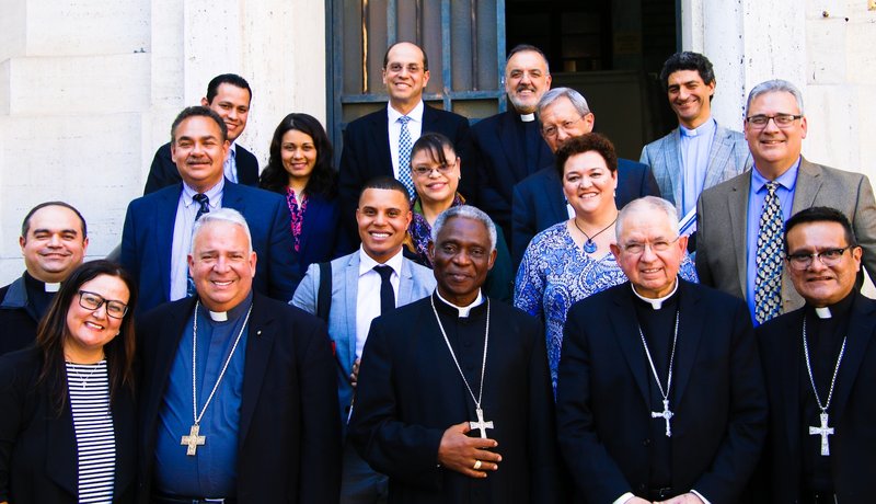 Archbishop José H. Gomez, together with staff and delegates from the Fifth National Encuentro of Hispanic/Latino Ministry, met with members of the Dicastery for Promoting Integral Human Development Friday, Sept. 13, in Rome. Led by Archbishop Gomez, who serves as the vice president of the U.S. Conference of Catholic Bishops, the delegation was scheduled to present the “Proceedings and Conclusions” of the V Encuentro process to Pope Francis this week. PATRICIA JIMENEZ/V ENCUENTRO