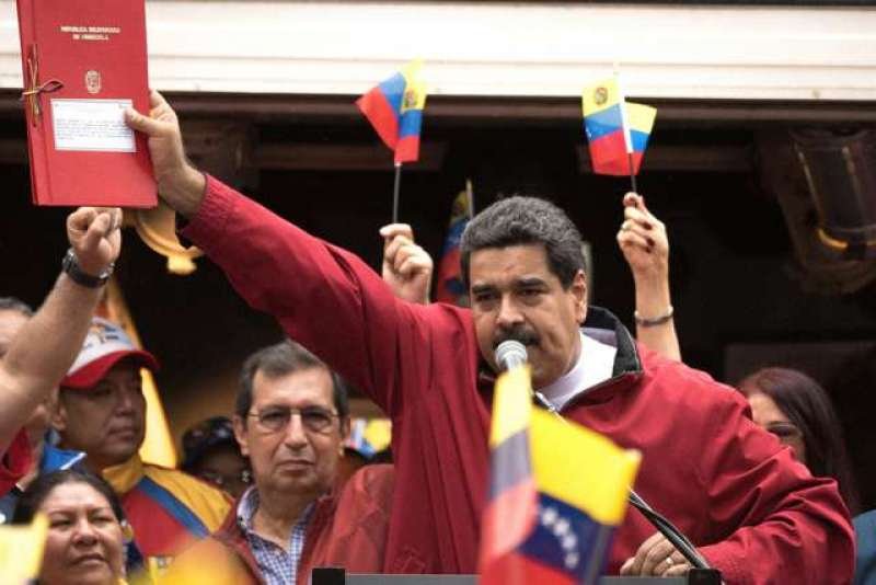 Venezuelan president Nicolas Maduro speaks at a rally in Caracas in support calling a constituent assembly