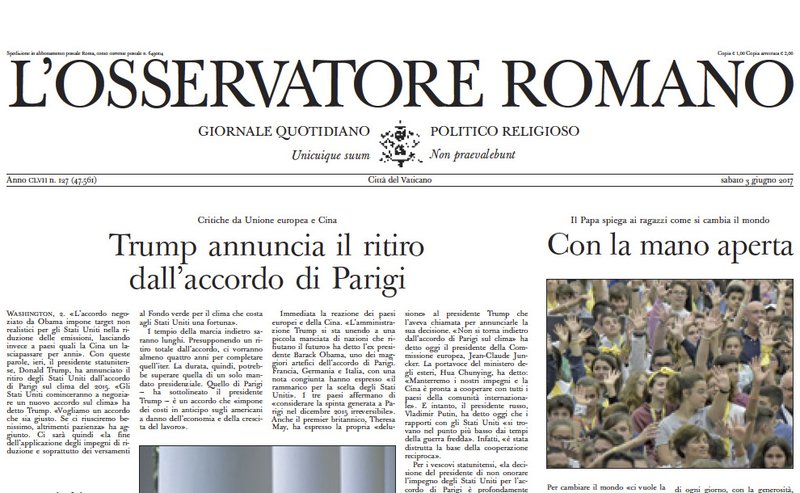 File photo of the Vatican's L'Osservatore Romano newspaper from June 2017. (CNS photo/L'Osservatore Romano)