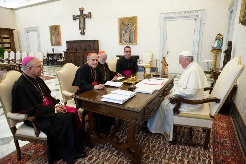 Pope Francis meets with officials representing the U.S. Conference of Catholic Bishops at the Vatican Sept. 13. Pictured from left are Archbishop Jose H. Gomez of Los Angeles