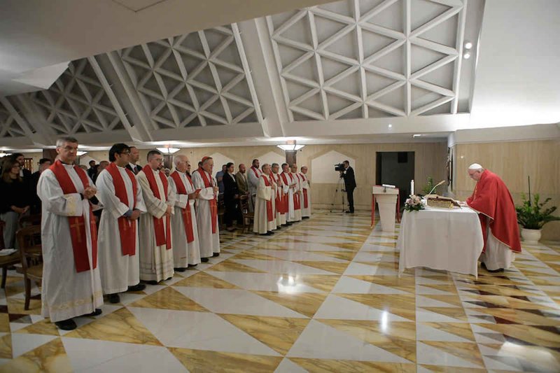 Pope Francis celebrates Mass Sept. 16, 2019, in the chapel of the Domus Sanctae Marthae, where he lives. After a summer break, the Mass marked the resumption of the pope inviting a small group of priests and faithful to join him for the liturgy. In his homily, Pope Francis urged Catholics to take seriously the call to pray for politicians, government leaders and all those in authority. (CNS photo/Vatican Media)