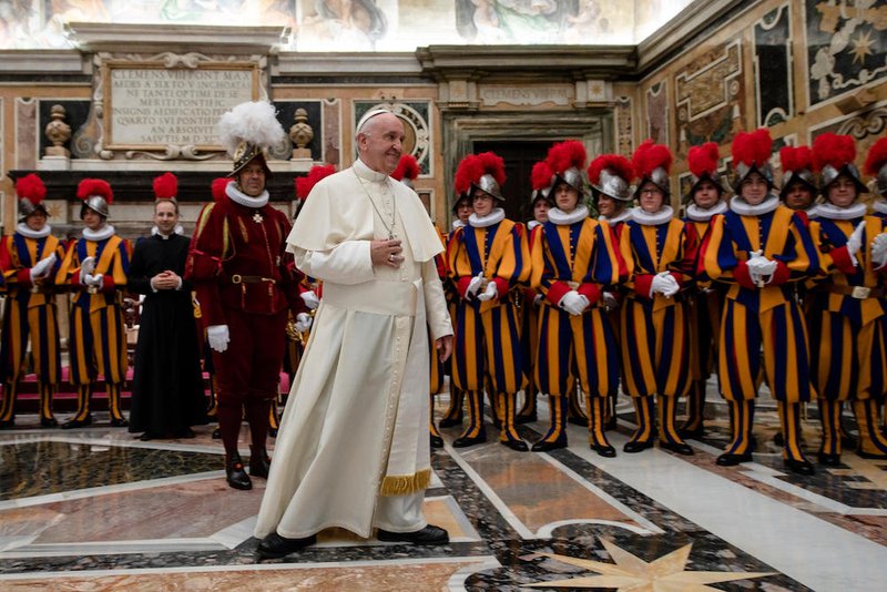 Pope Francis is pictured during an audience with Swiss Guard recruits and their family members in the Apostolic Palace at the Vatican May 4. The audience was held two days in advance of the annual swearing-in of new guards. (CNS photo/Vatican Media)