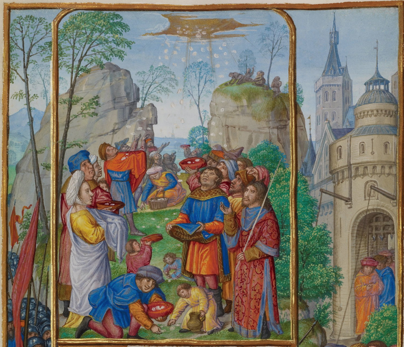 Detail from “The Israelites Collecting Manna from Heaven,” by master of James IV of Scotland, illuminator, Flemish, about 1541.