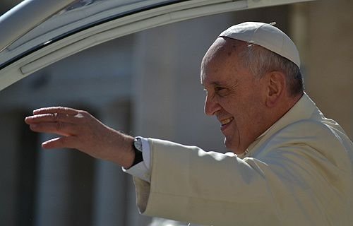 Pope Francis greets pilgrims in St. Peter's Square before the Wed. general audience on April 16