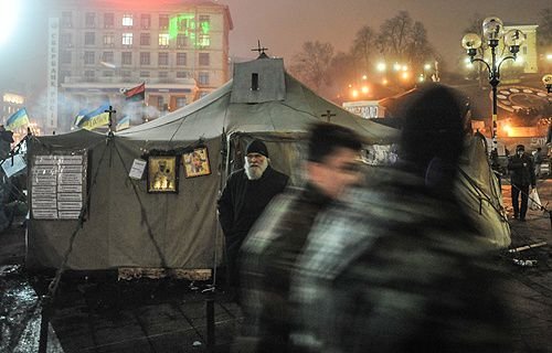 A tent-chapel is seen in Kyiv's Maidan Square in Feb.