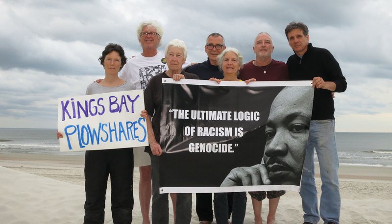 Seven Catholics, calling themselves the Kings Bay Plowshares, are seen April 4, 2018, before they entered the Naval Submarine Base Kings Bay in Georgia to protest nuclear weapons. They argued in U.S. District Court for the Southern District of Georgia Aug. 7, 2019, that their actions were motivated by their Catholic faith and not by their political beliefs and therefore were protected by the Religious Freedom Restoration Act. The group includes, from left, Clare Grady, Patrick O'Neill, Elizabeth McAlister, Jesuit Father Steve Kelly, Martha Hennessy, Mark Colville and Carmen Trotta. (CNS photo/Kings Bay Plowshares)