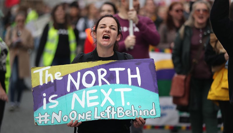 A woman displays a sign during a Sept. 28, 2019, rally in Dublin with other demonstrators who support abortion. Northern Ireland's Catholic and Protestant leaders said the British Parliament decided to impose abortion in Northern Ireland without consulting the people. (CNS photo/Niall Carson, Reuters)
