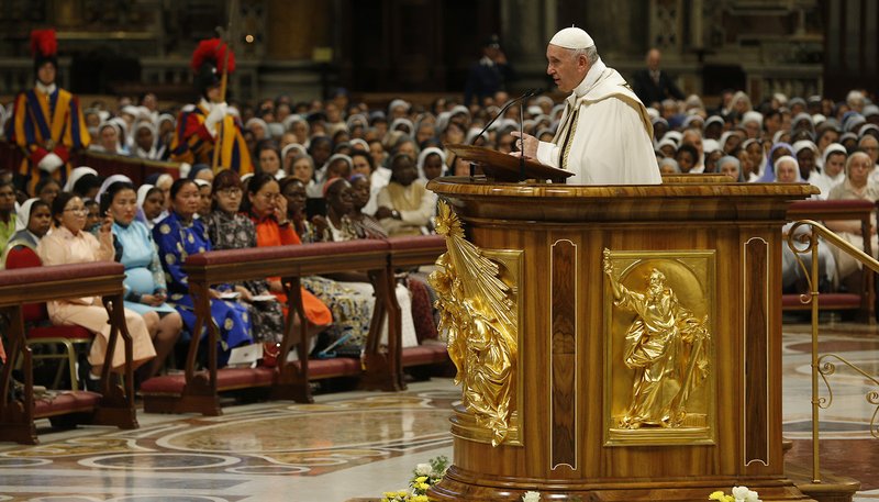 Pope Francis gives the homily as he leads a prayer vigil opening a month dedicated to missionaries, in St. Peter's Basilica at the Vatican Oct. 1, 2019. (CNS photo/Paul Haring)