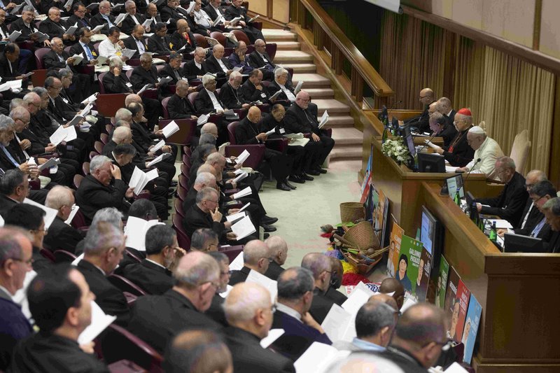 Pope Francis leads a session of the Synod of Bishops for the Amazon at the Vatican Oct. 8. (Vatican Media/Catholic News Service)