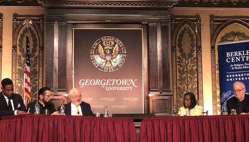 Religious leaders speak on a panel at at Georgetown University Oct. 2, 2019, about the upcoming election season. Pictured left to right are Justin Giboney, attorney and political strategist; Bishop Daniel E. Flores of Brownsville, Texas; John Carr, director of Georgetown's Initiative on Catholic Social Thought and Public Life; Adelle Banks, an editor and a national reporter for Religion News Service; and the Rev. Jim Wallis, founder and president of Sojourners. (CNS photo/Rhina Guidos)