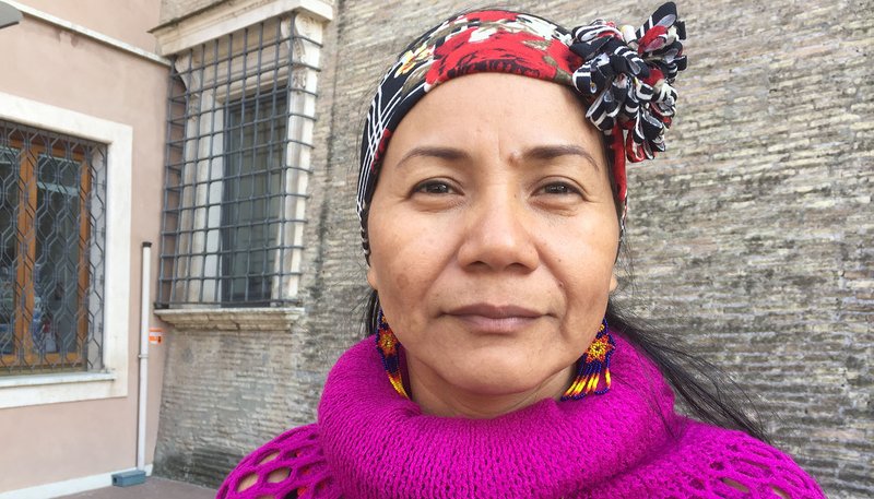 Anitalia Pijachi, a member of the Ocaina Huitoto indigenous group from Colombia and an observer at the Synod of Bishops for the Amazon, is pictured Oct. 11, 2019, near the Vatican. She said she agreed to participate in the synod to carry a message from the elders of her people to the elder of the Catholic Church, Pope Francis. (CNS photo/Barbara J. Fraser).