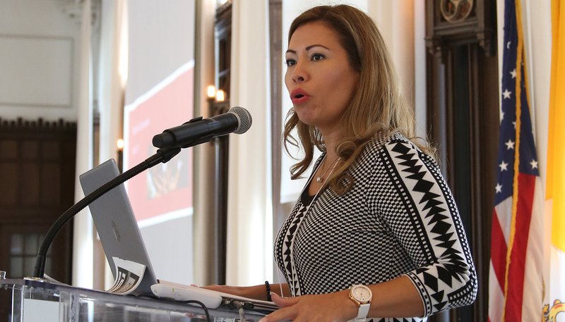 Lia Salinas, director of the Office of Hispanic Ministry for the Archdiocese of Baltimore, speaks at a regional Encuentro Oct. 5, 2019, at The Catholic University of America in Washington. (CNS photo/Javier Diaz, Catholic Standard)