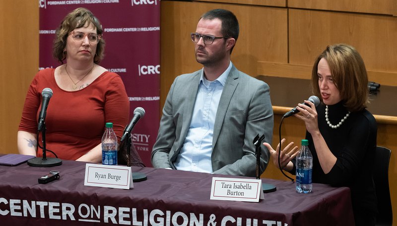 Tara Isabella Burton, a New York-based novelist who writes widely on religion, speaks during a symposium on "God, Religion and the 'Nones'" Oct. 15, 2019, at Fordham University in New York City. Also pictured are: Kaya Oakes, author of "The Nones Are Alright: A New Generation of Seekers, Believers and Those In Between," and Ryan Burge, an American Baptist Church pastor and an assistant professor of political science at Eastern Illinois University. (CNS photo/Fordham University)