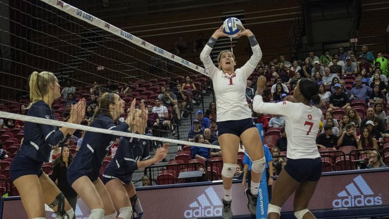 LMU’s Tess Reid (1) sets up Alexis Morrow (7) for a possible kill. Reid had 59 assists and Morrow 14 blocks in LMU’s two defeats last week. (LMU Athletics)