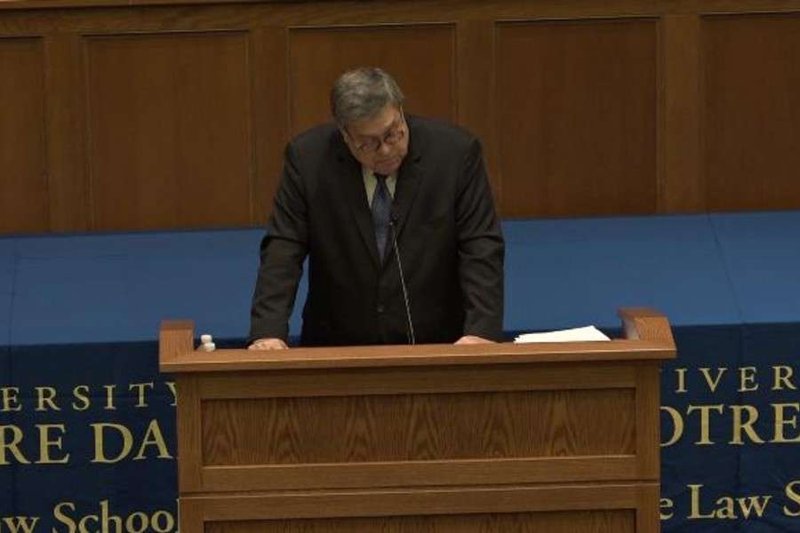 Attorney General William Barr speaks at Notre Dame Law School. (Catholic News Agency)